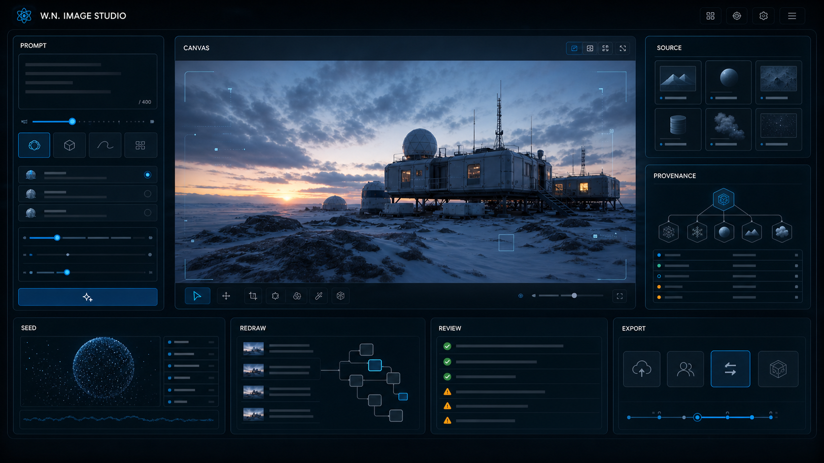 AI-generated model output handoff studio with evaluation panels, saved outputs, source trails, and implementation routes
