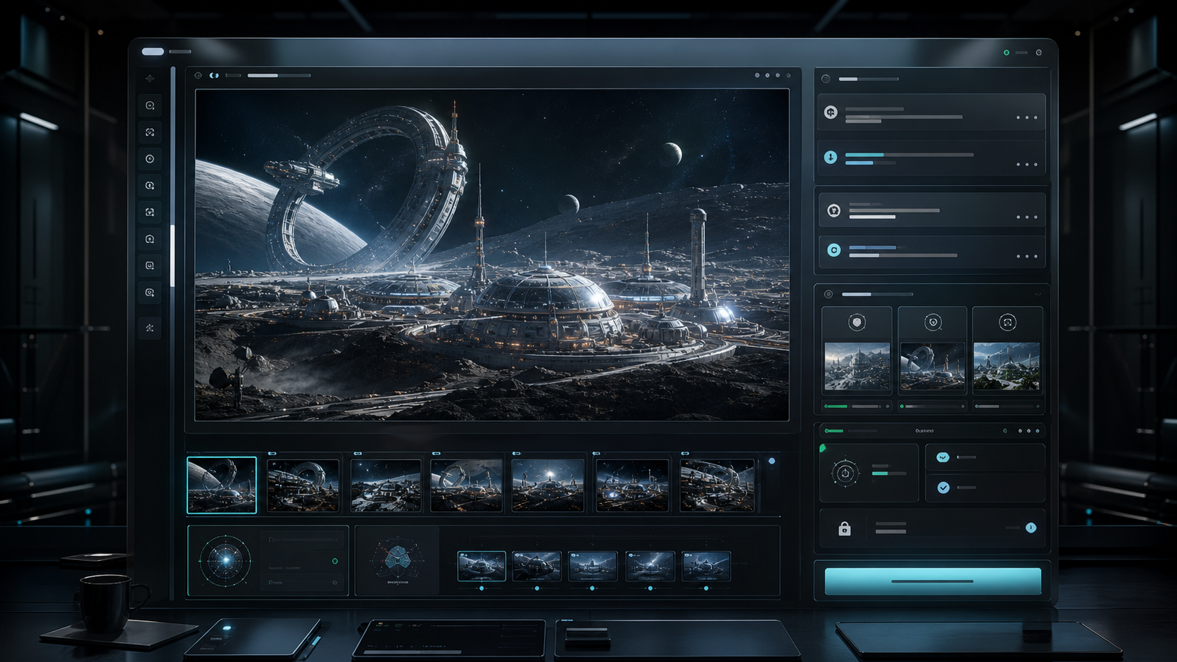 AI-generated W.N. Image Studio receipt-redraw loop with a prompt-specific orbital habitat canvas, assistant rail, saved redraw thumbnails, seed receipts, source trail, rights gate, and export controls