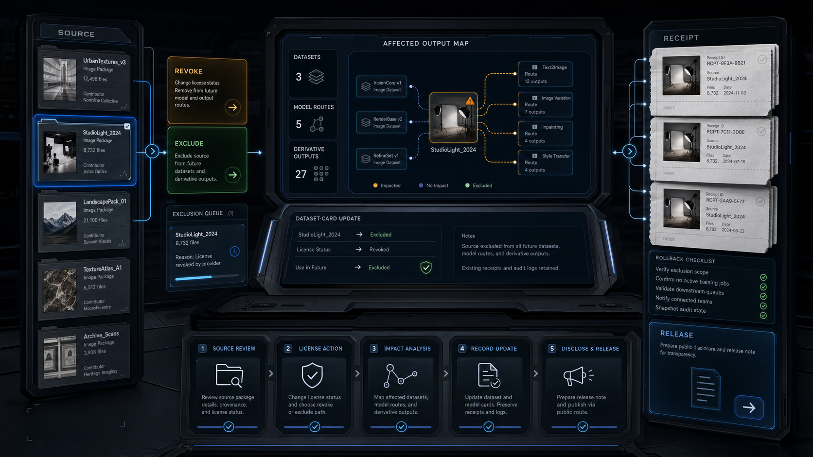 AI-generated W.N. AI source revocation drill with source cards, exclusion queue, affected-output map, retained receipts, rollback checklist, and release note route