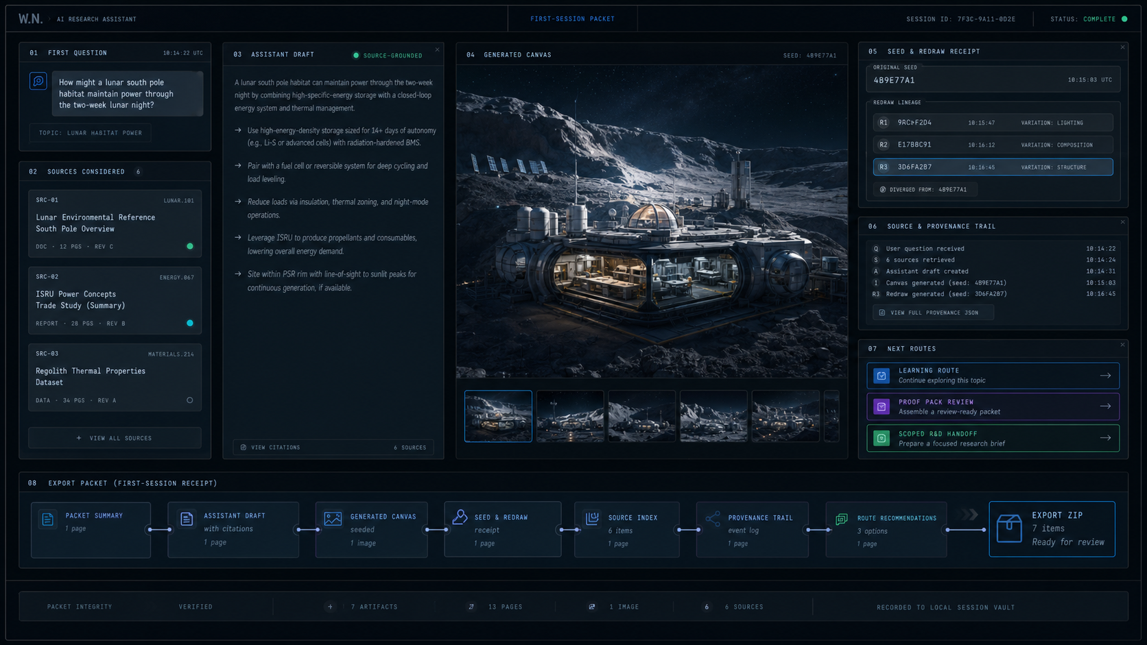 AI-generated W.N. AI first-session receipt packet with first question, sources, assistant draft, generated lunar habitat canvas, seed and redraw receipt, provenance trail, route recommendations, and export packet