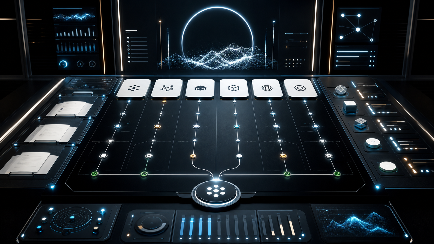 AI-generated White Noise evidence route console with live service lanes, W.N. AI planning, Academy, product research, serious-review, contact intake, provenance cues, and conversion controls.