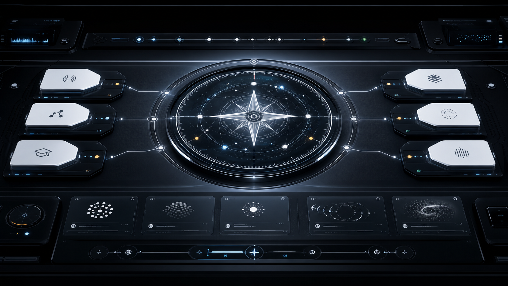 AI-generated White Noise homepage route operating compass with live services, products, W.N. AI planning, Academy, Labs, Exchange, serious-review paths, provenance markers, and conversion handoff controls.