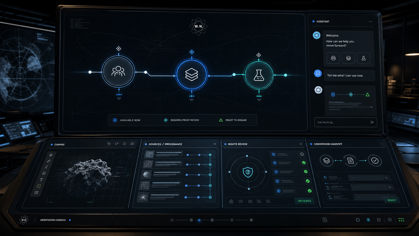 AI-generated White Noise visitor orientation console with member studio, source proof, lab engagement, provenance trail, rights review, and conversion handoff surfaces
