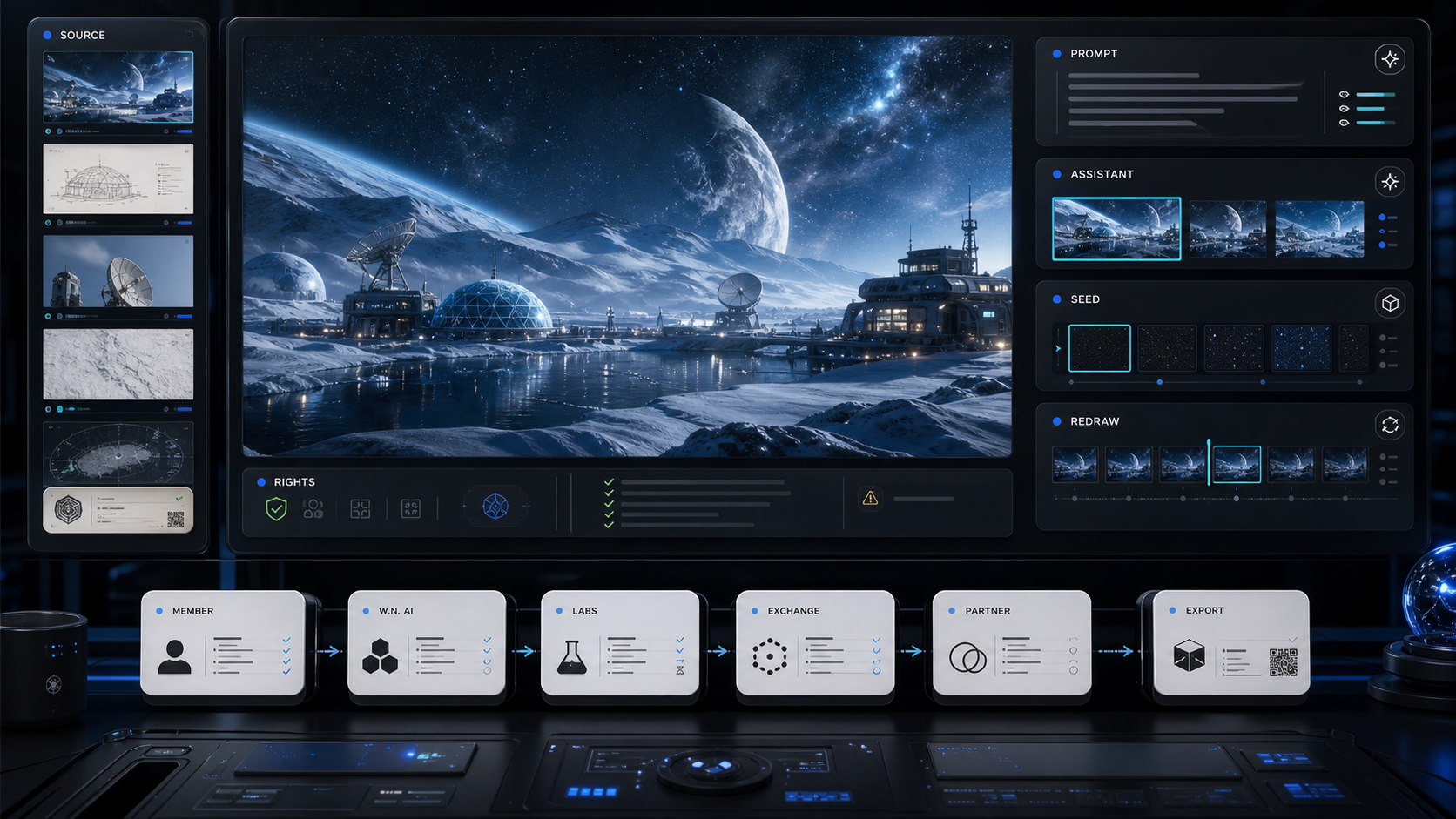 AI-generated W.N. Image Studio member creative intelligence desk with source rail, prompt-specific generated research-world canvas, assistant variants, seed receipt, redraw timeline, rights gate, and member, W.N. AI, Labs, Exchange, Partner, and Export route cards