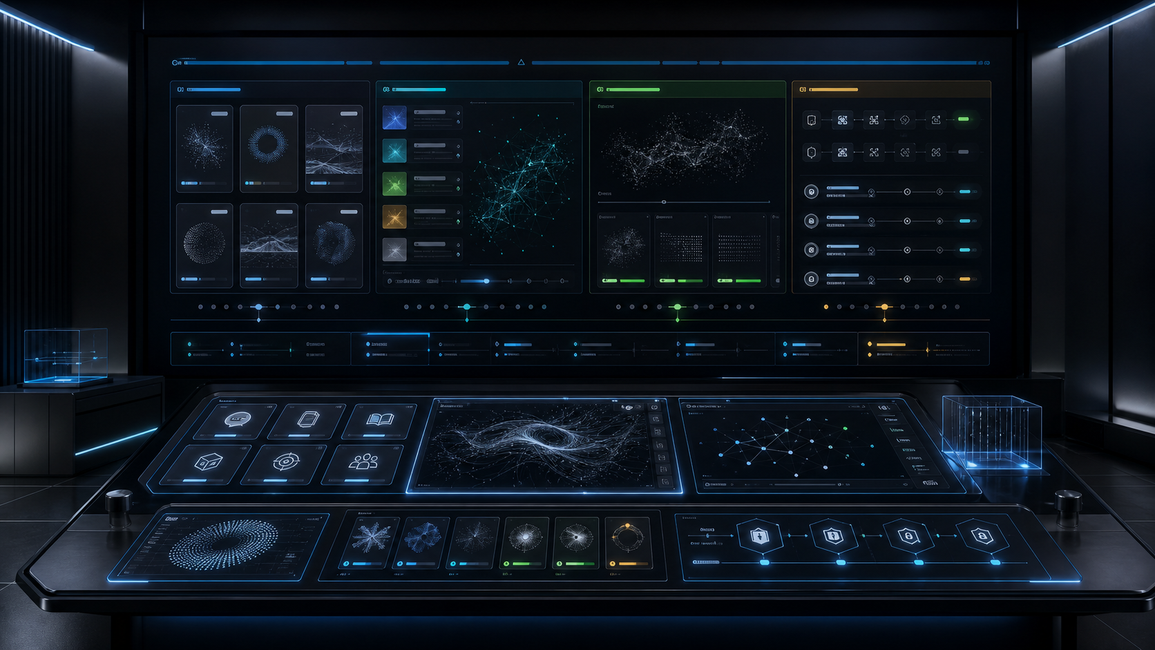 AI-generated White Noise artifact review desk with live artifacts, W.N. AI canvas state, source and provenance receipts, proof-state bands, and visitor route controls