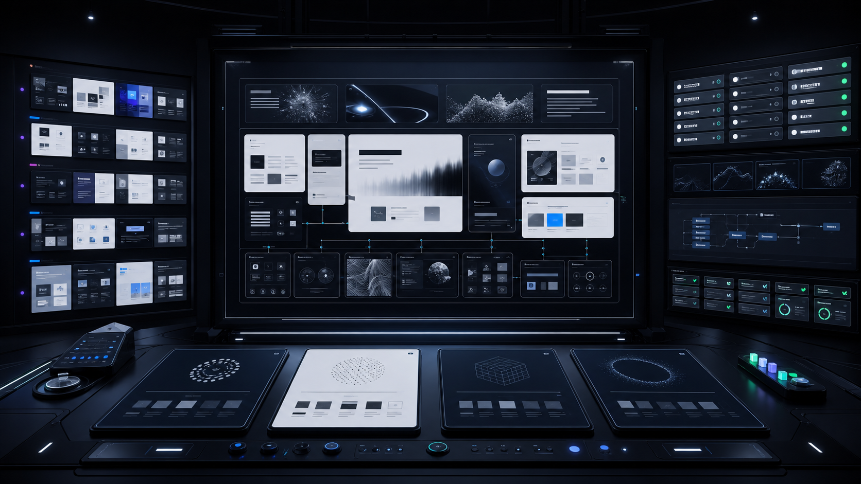 AI-generated White Noise benchmark review workspace with central experience map canvas, benchmark pattern cards, W.N. implementation checks, provenance receipts, and visitor route cards
