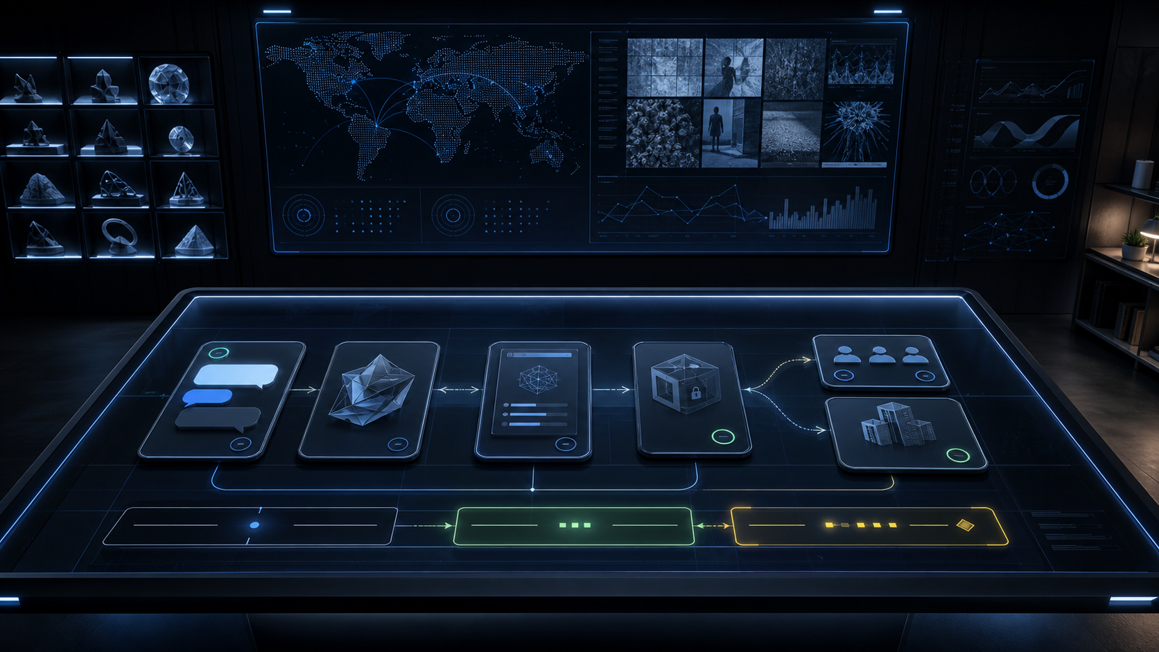 AI-generated White Noise world-class reference decision room with AI assistant surface, image studio canvas, provenance receipt, source rights gate, and visitor route cards