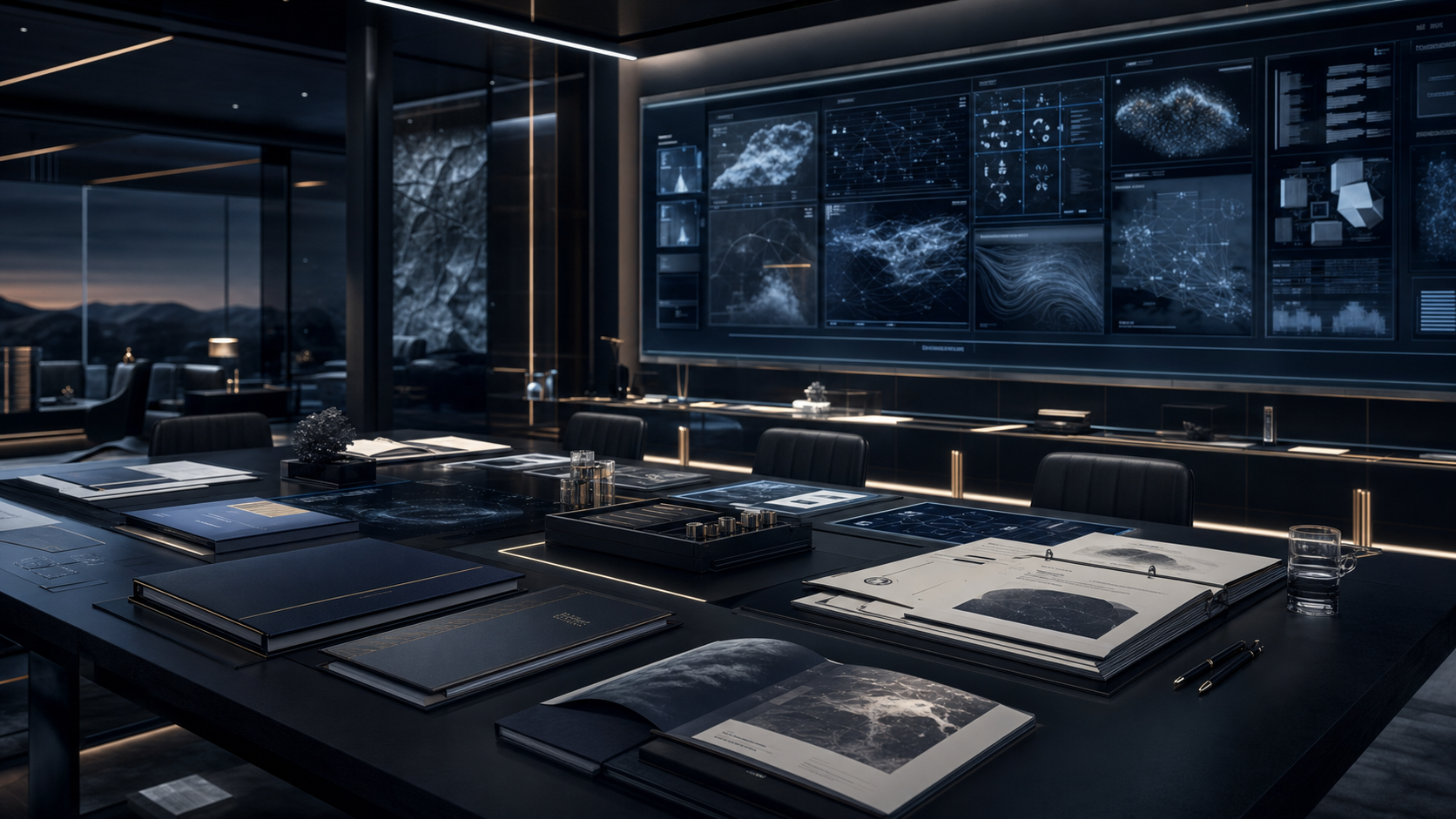 AI-generated White Noise investor capital diligence room with proof packets, board cadence displays, revenue route panels, and partner handoff surfaces