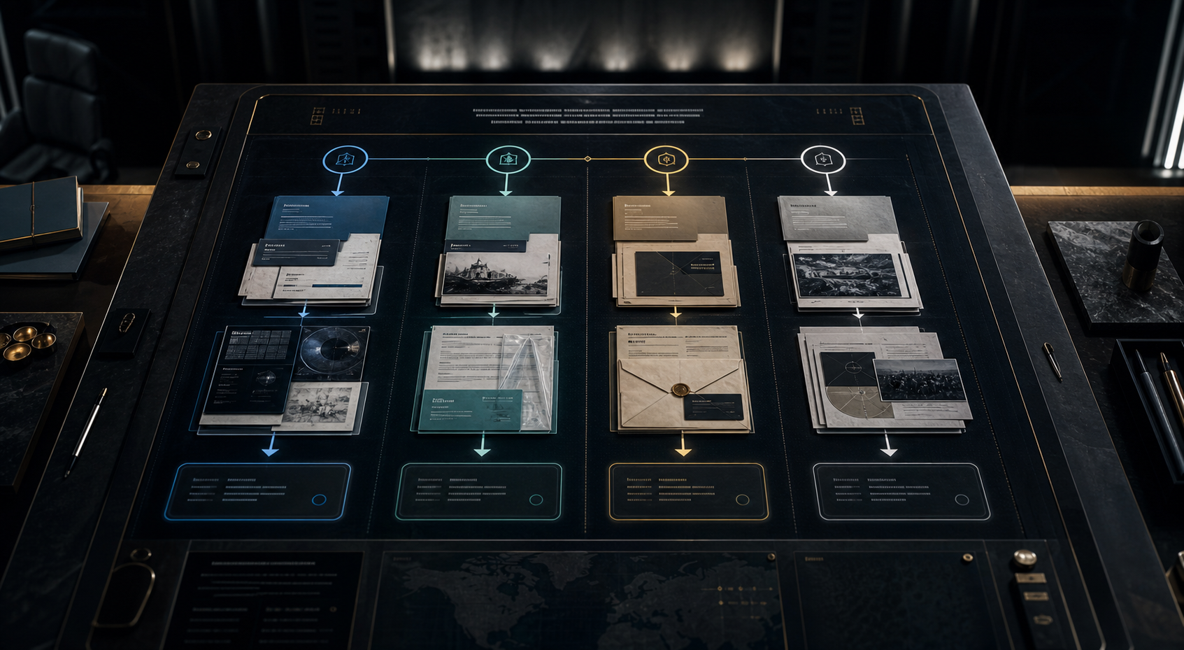 AI-generated White Noise first-artifact route board with lanes for investors, partners, buyers, and reviewers choosing a bounded next artifact