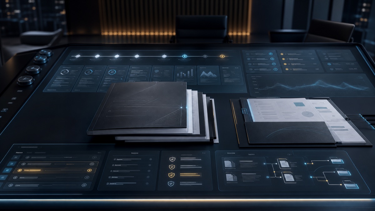 AI-generated editorial concept of a White Noise monthly board packet and governance cadence console
