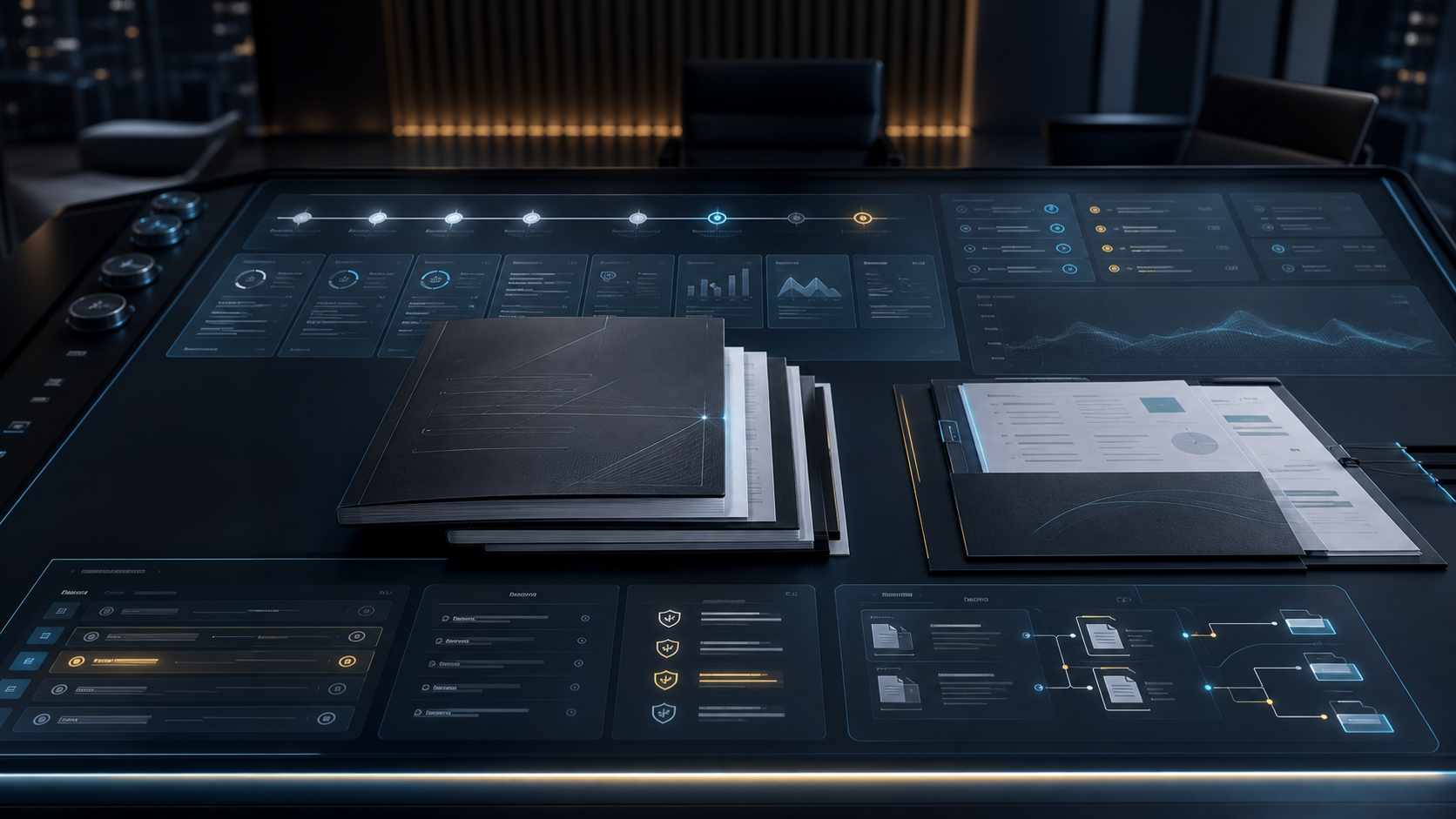 AI-generated editorial concept of a White Noise monthly board packet and governance cadence console