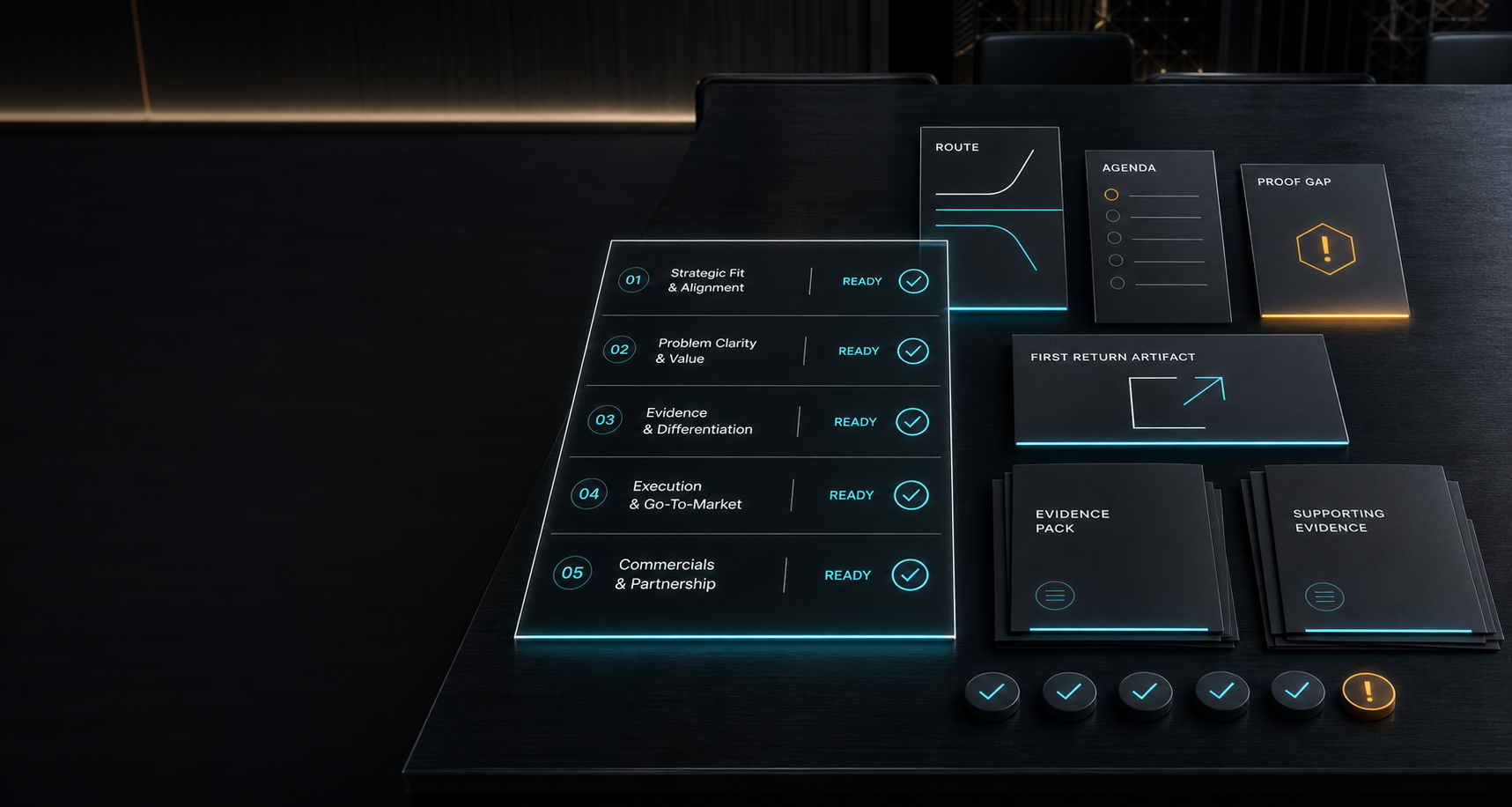 AI-generated White Noise first-meeting readiness gate with checklist lanes, agenda card, proof-gap marker, route cards, and first-return artifact folder