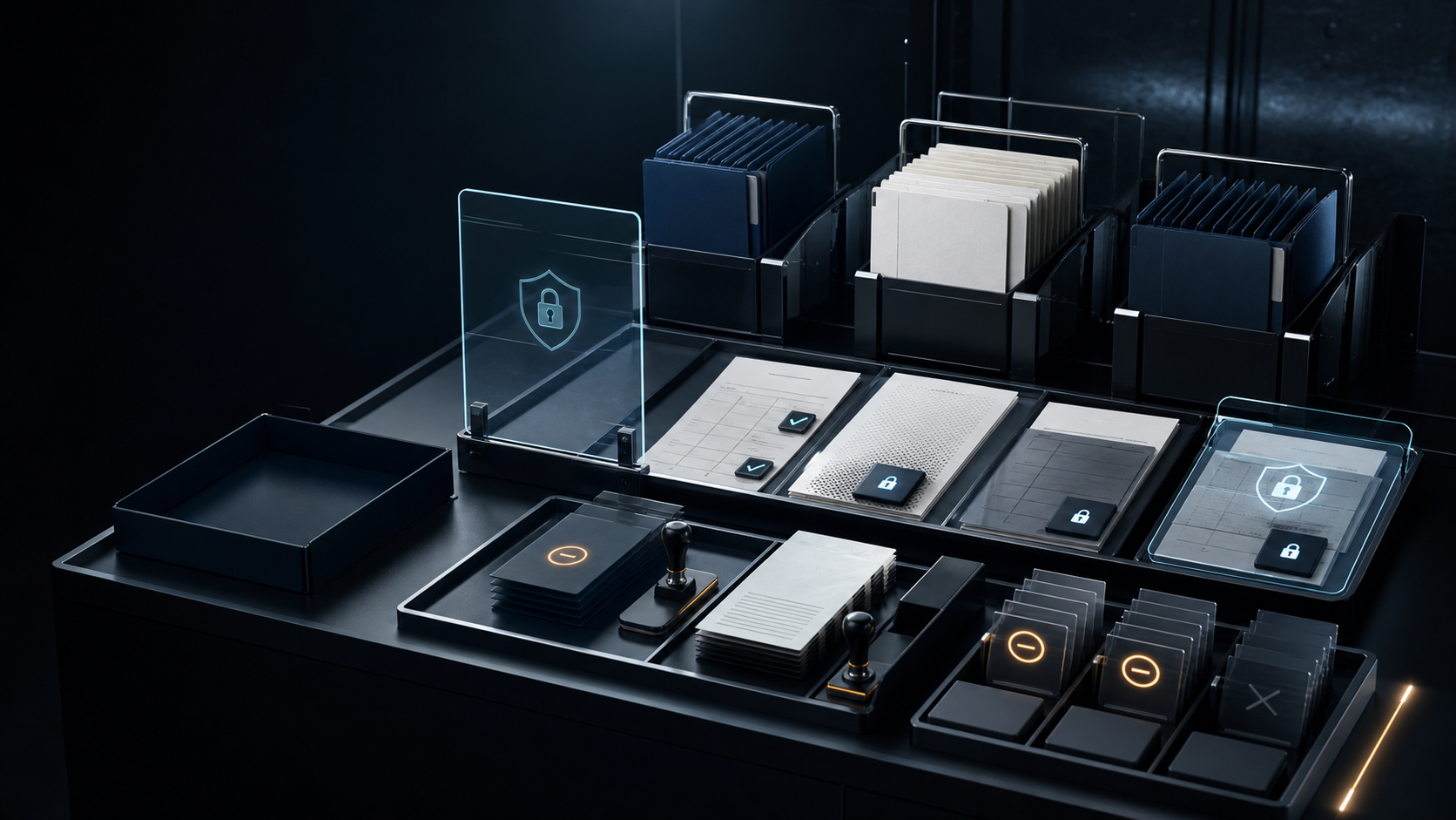 AI-generated White Noise payment and account source-record gate with abstract evidence folders, locked redaction panes, review stamps, and receipt trays