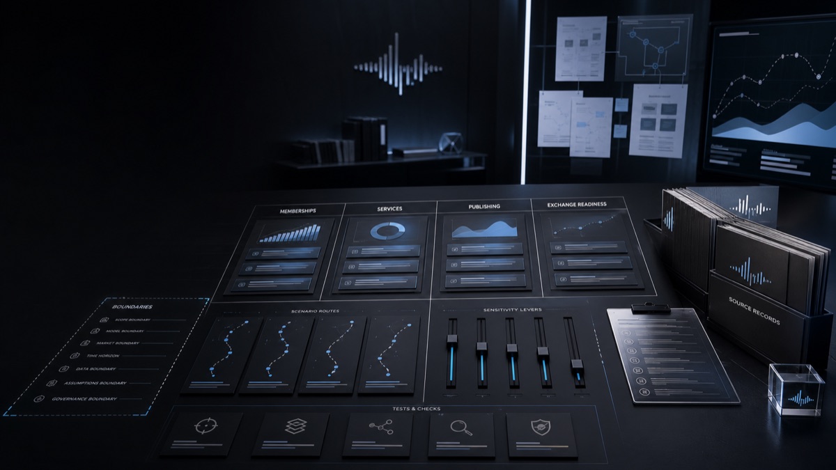 AI-generated White Noise planning assumptions board with membership, services, publishing, Exchange readiness, sensitivity levers, source records, and boundary controls