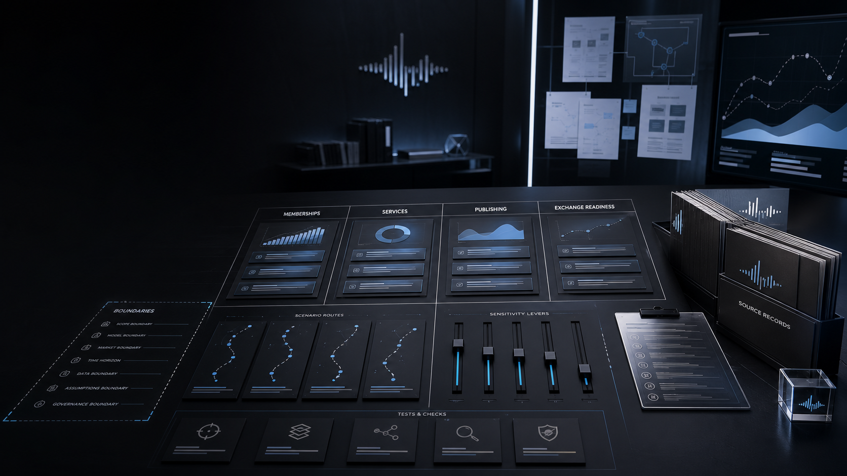 AI-generated White Noise planning assumptions board with membership, services, publishing, Exchange readiness, sensitivity levers, source records, and boundary controls