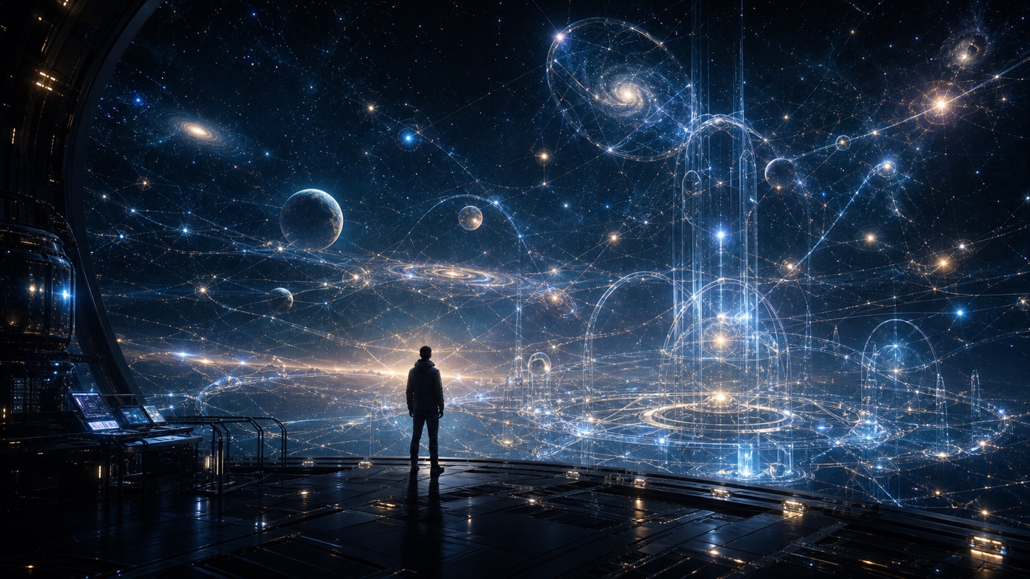 A researcher facing a cosmic information lattice