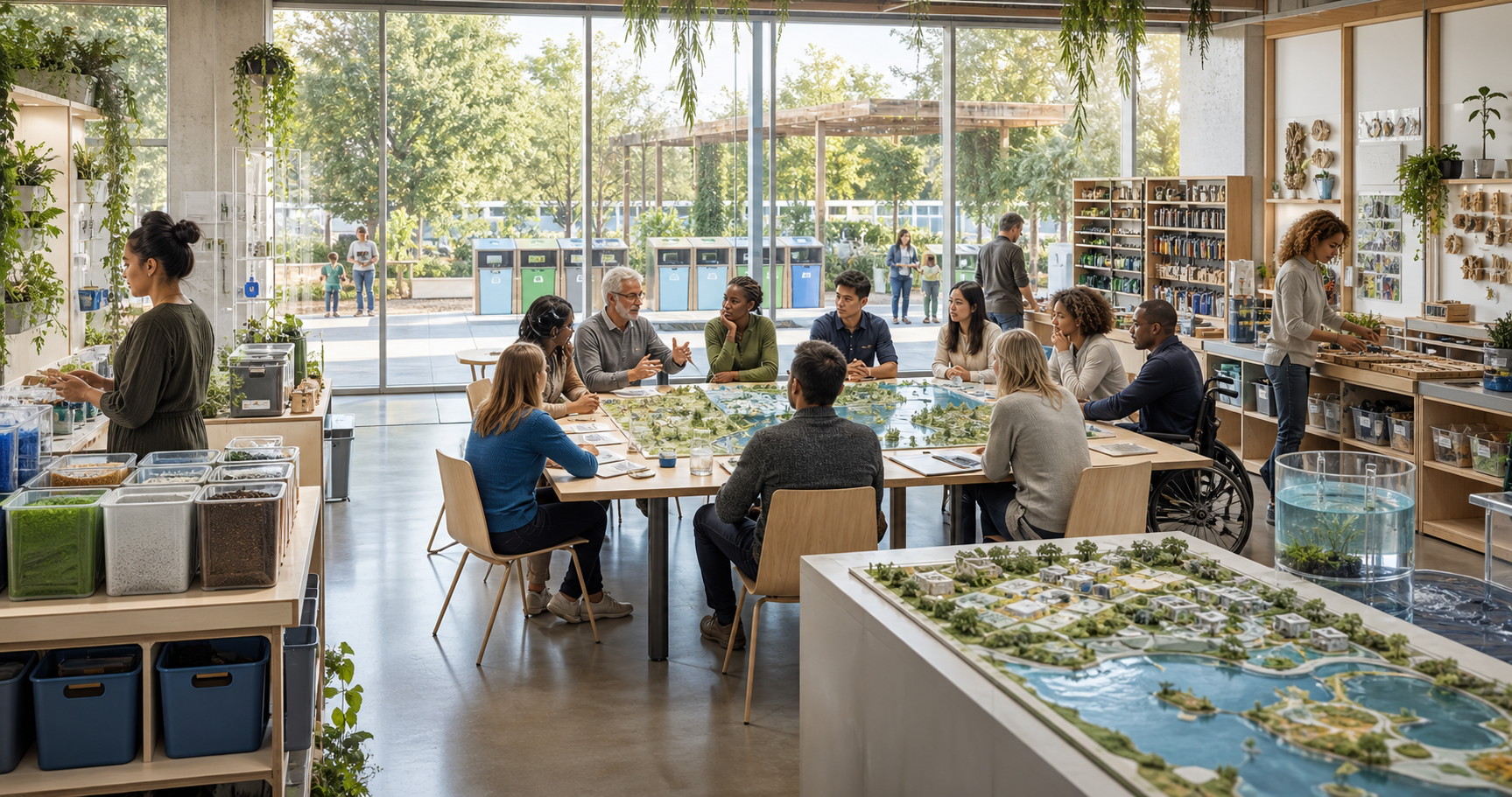 A bright neighborhood council room with feedstock bins, water models, repair shelves, and public review tables.