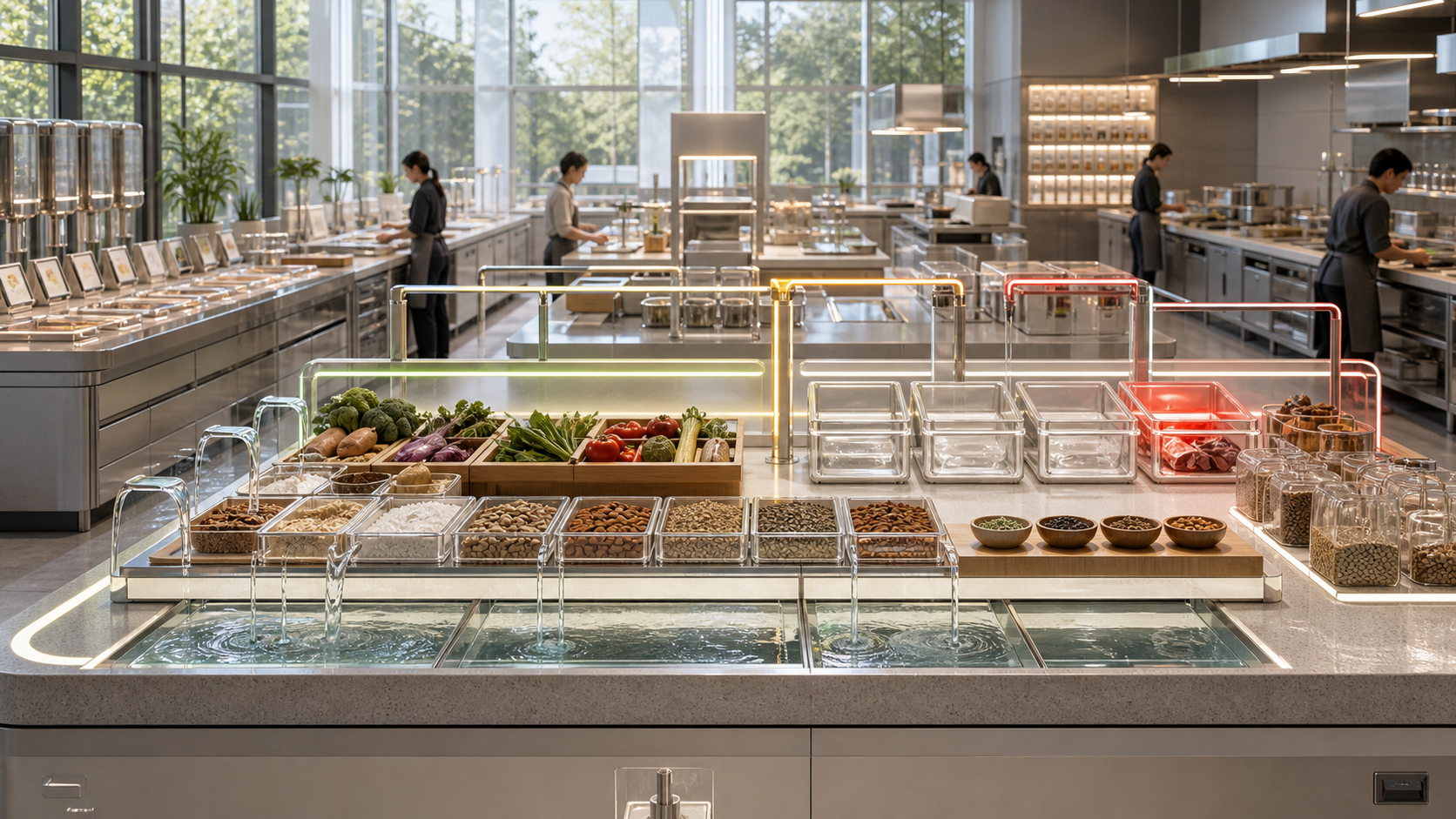 A bright abundance-kitchen review bench with ingredient trays, water loops, allergen boundaries, and recall bins.