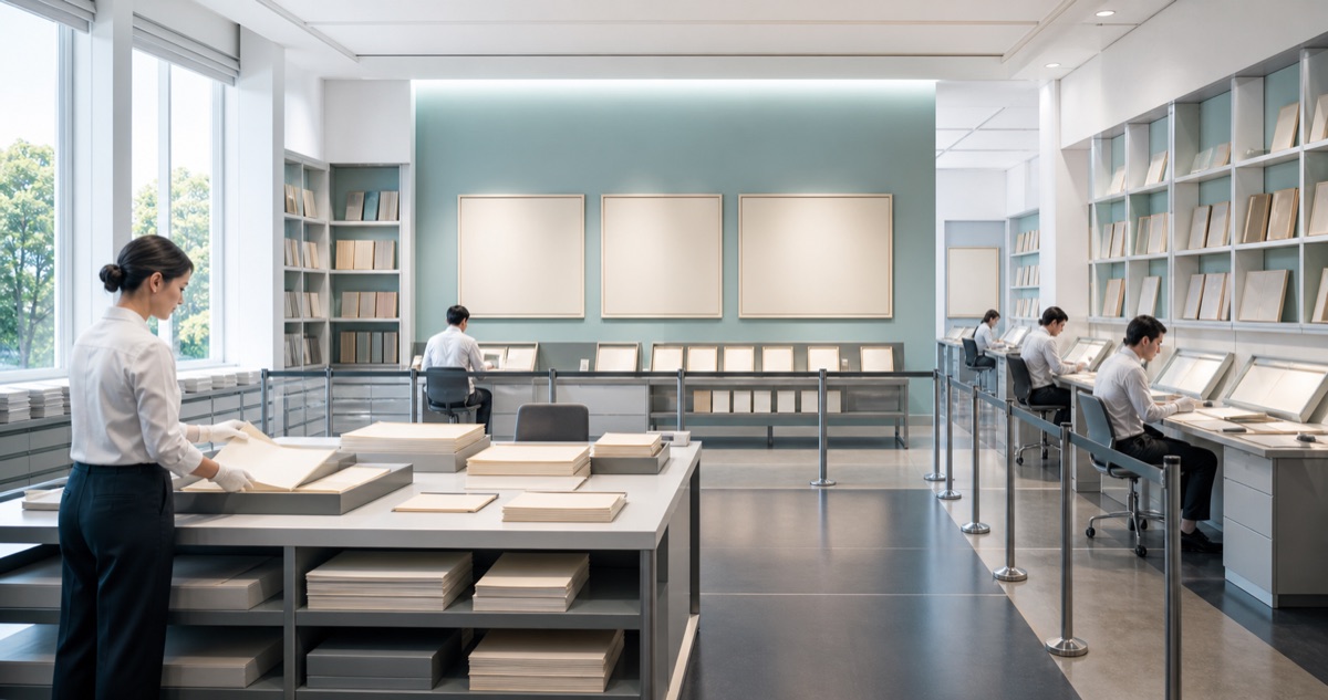 A bright Academy records room with certificate ledgers, portfolio shelves, nonaccredited boundary rails, and proctor desks.