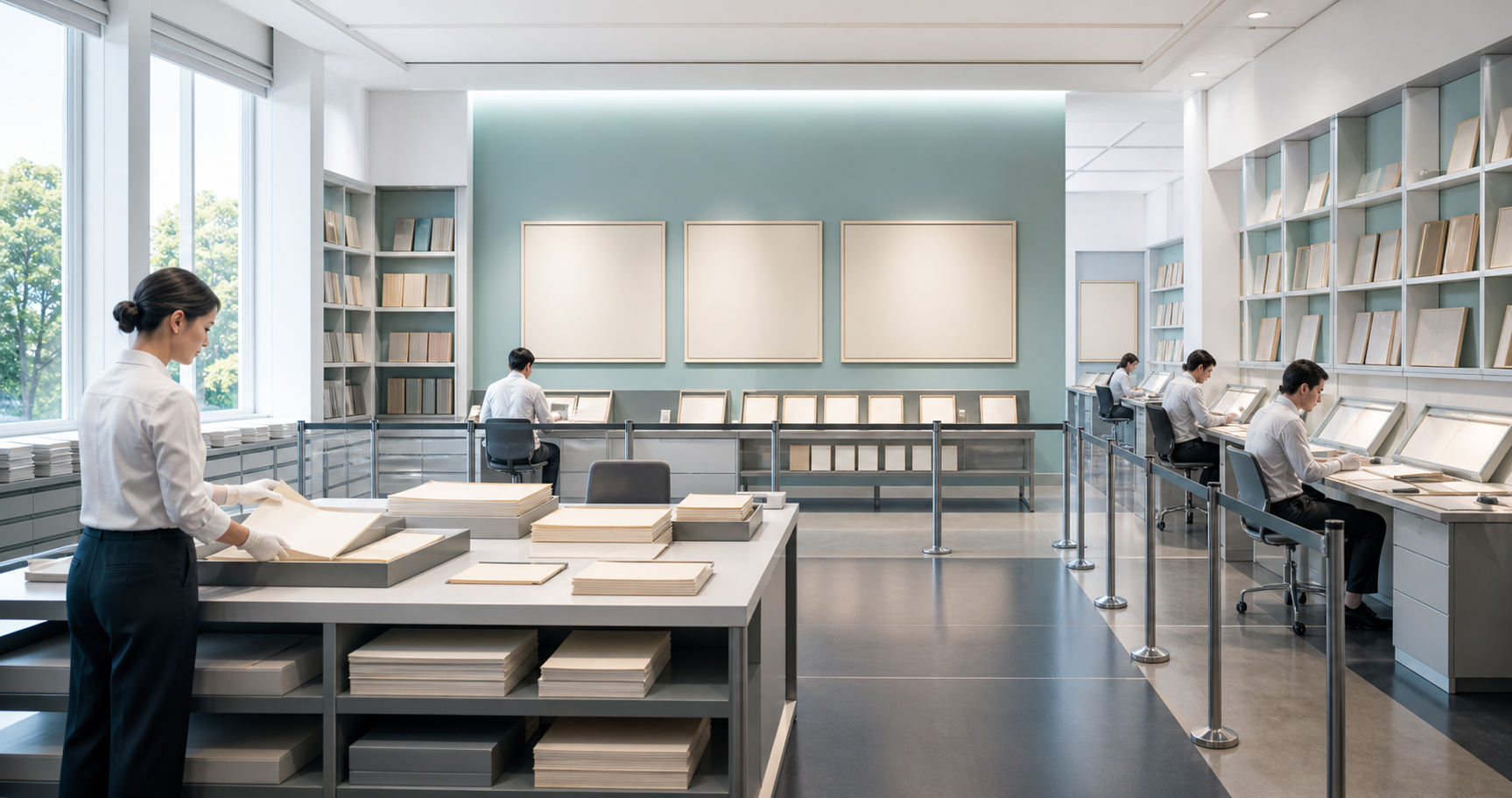 A bright Academy records room with certificate ledgers, portfolio shelves, nonaccredited boundary rails, and proctor desks.