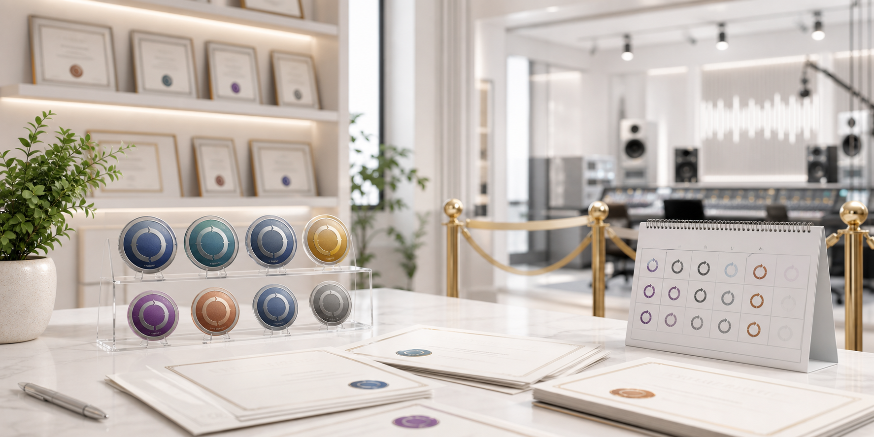 A bright Academy records studio with portfolio shelves, expiry badges, and nonaccredited boundary rails.