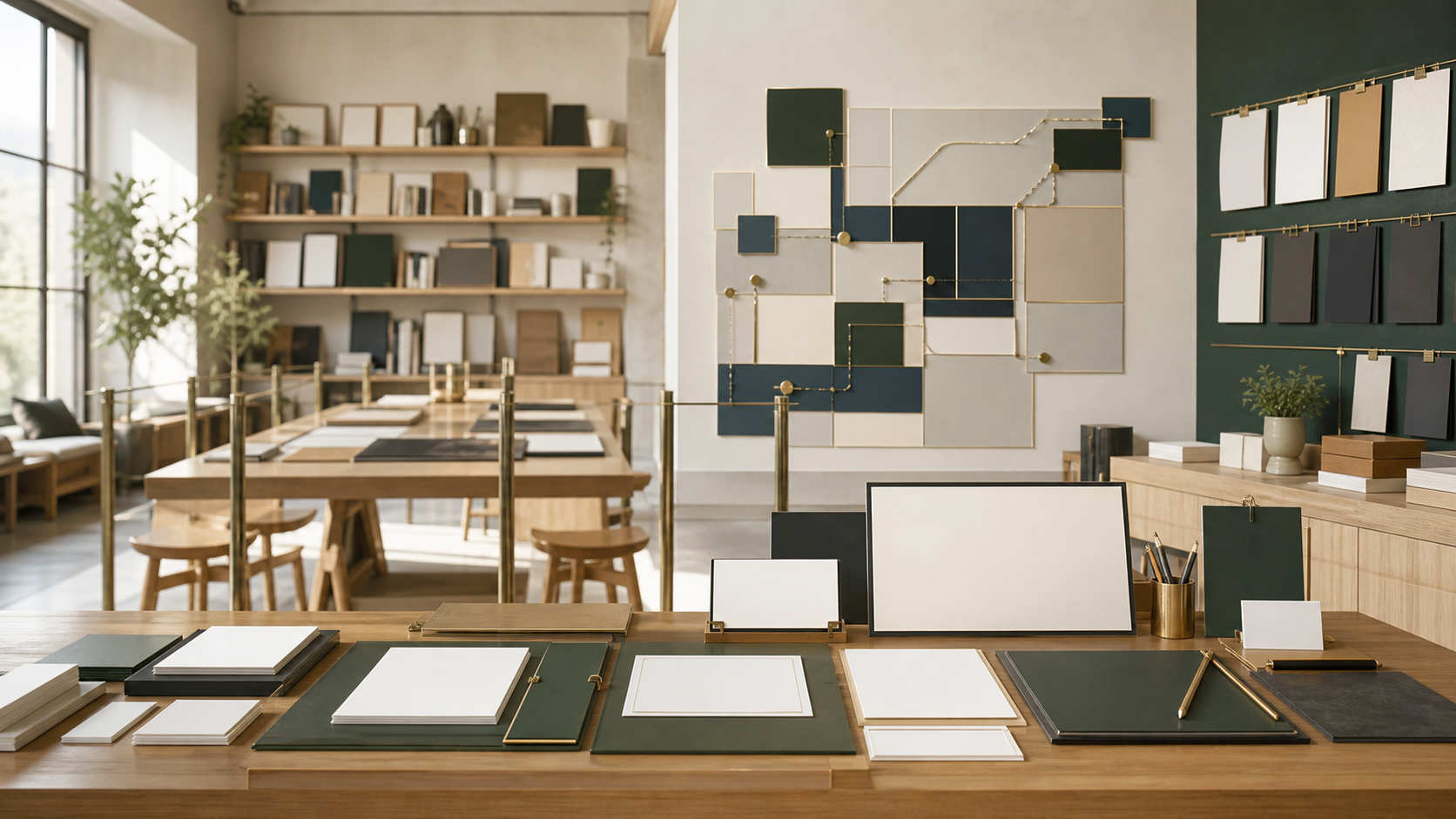 A bright Academy records studio with portfolio shelves and explicit boundary rails.