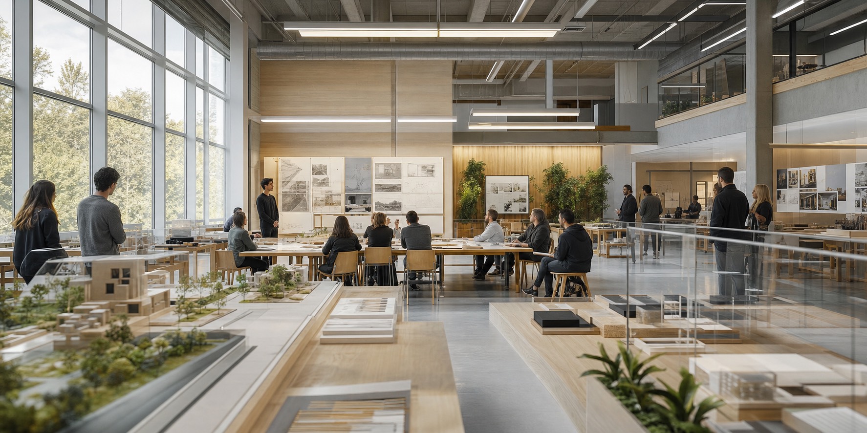 A bright Academy studio with project benches, jury tables, portfolio artifacts, and boundary rails.