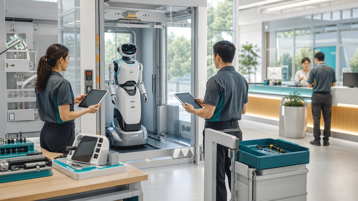 A bright robotics handover bay with a service android, tool trays, and blank custody tablets.