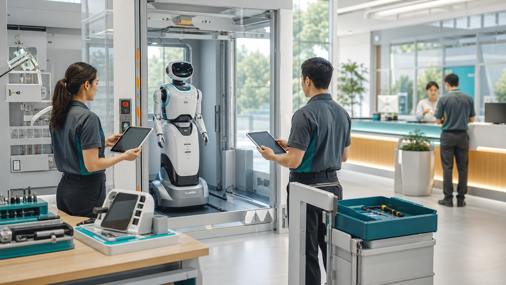A bright robotics handover bay with a service android, tool trays, and blank custody tablets.
