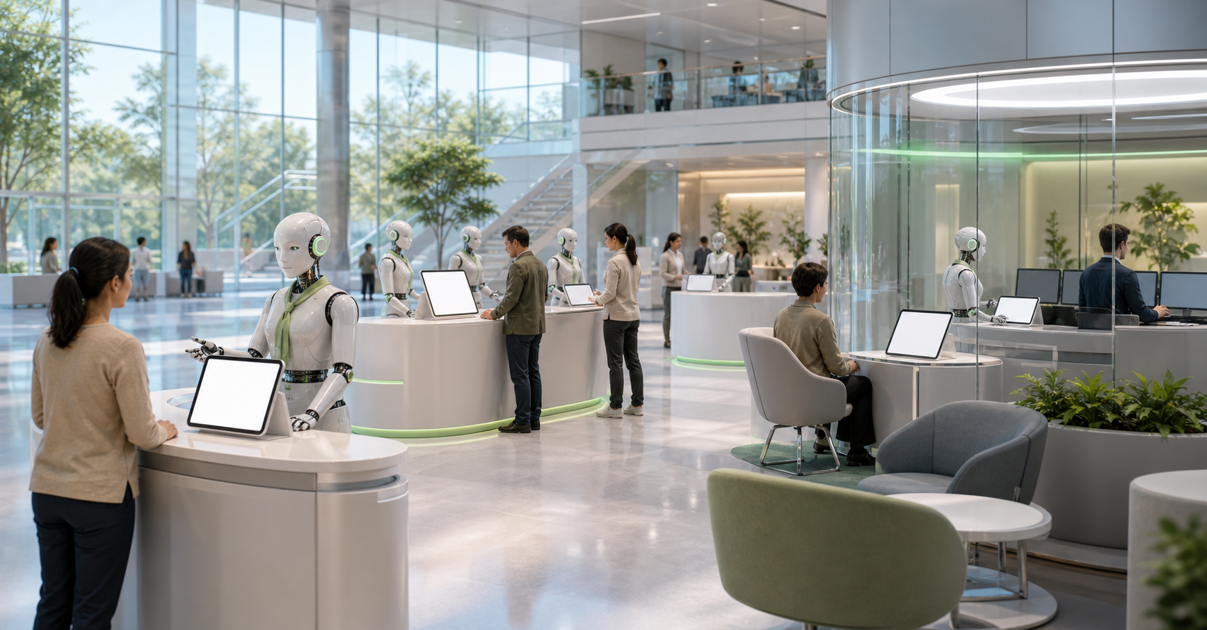 A bright service robotics lobby with android assistants, fault-report desks, supervisor stations, and opt-out paths.
