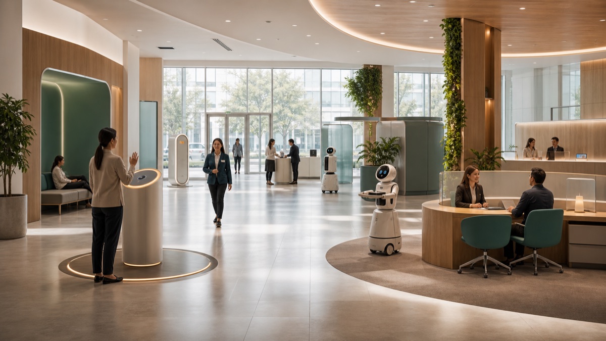 A bright public service lobby with friendly service robots, opt-out stations, human supervisors, privacy alcoves, and redress counters.
