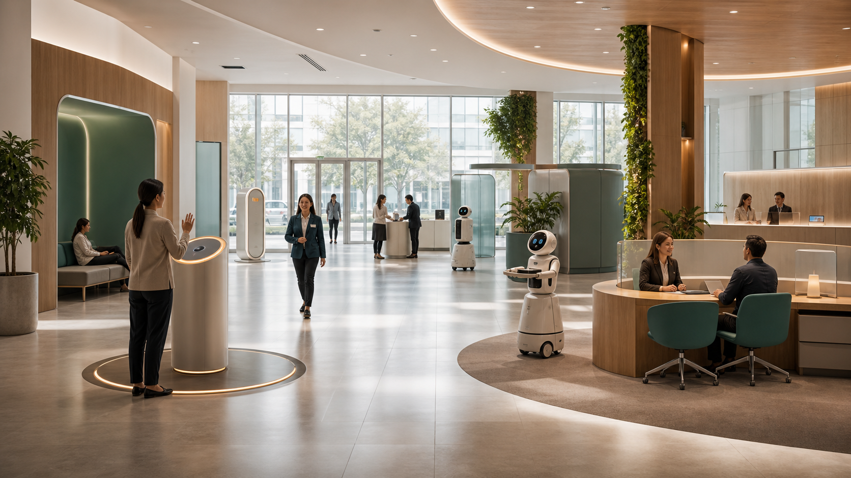 A bright public service lobby with friendly service robots, opt-out stations, human supervisors, privacy alcoves, and redress counters.