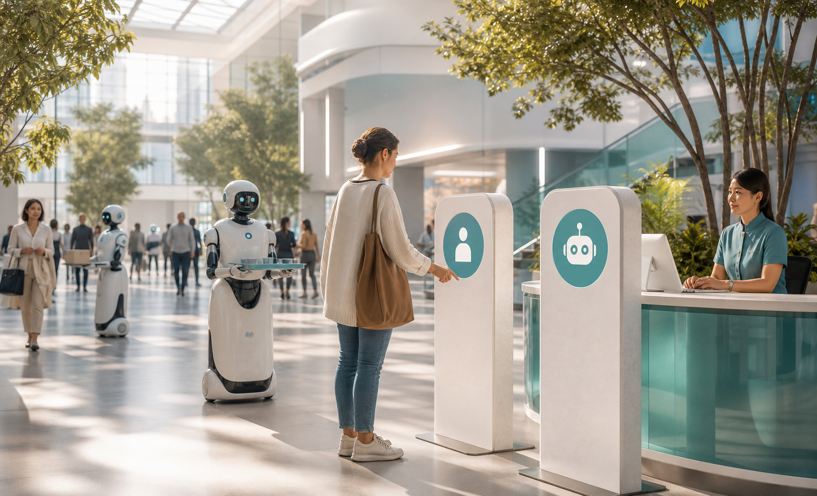 A bright public atrium with service androids, human supervisors, and opt-out stations as simple control objects.