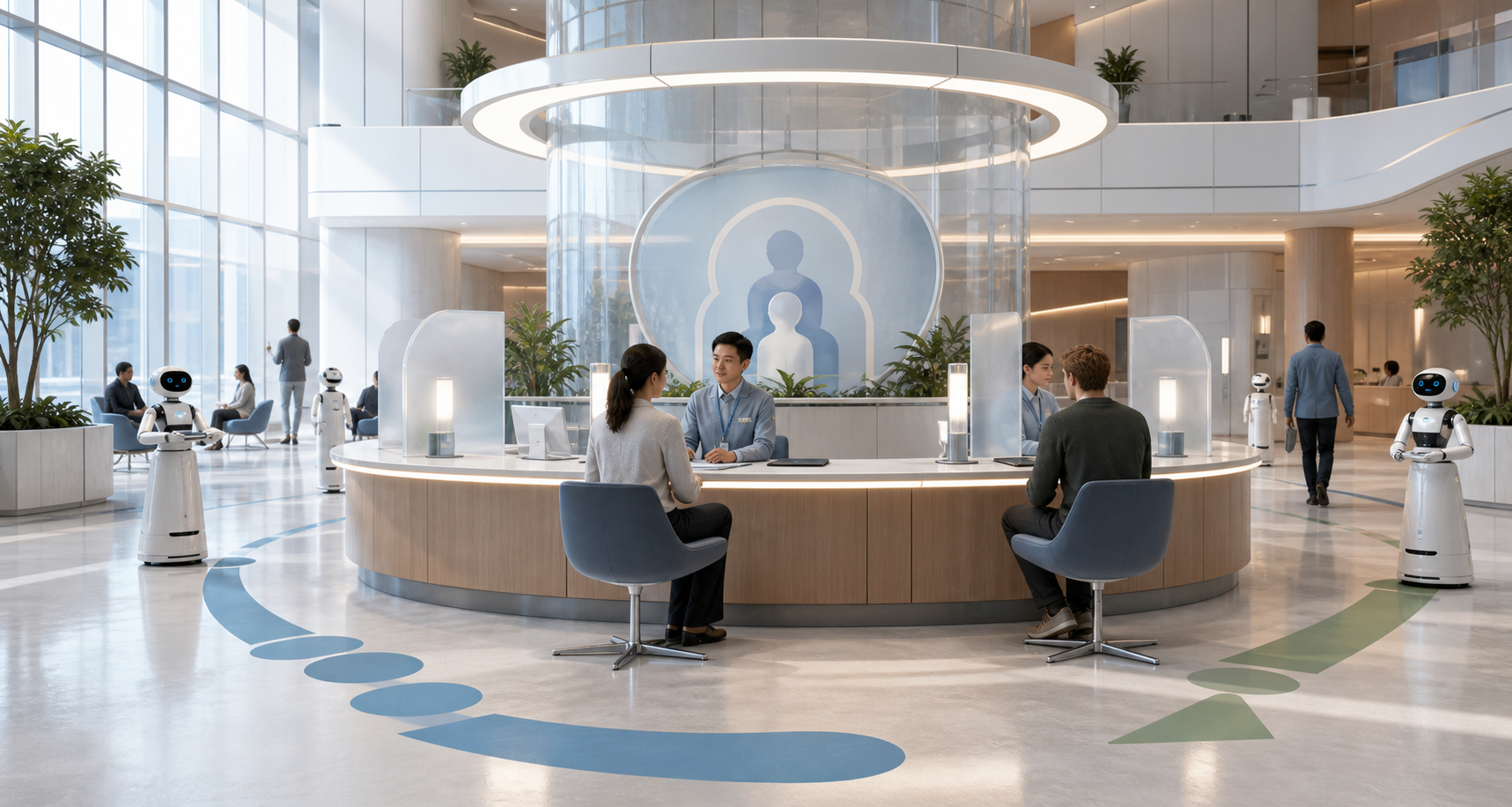 A bright robotics service lobby with friendly service robots, human supervisors, privacy screens, and redress counters.