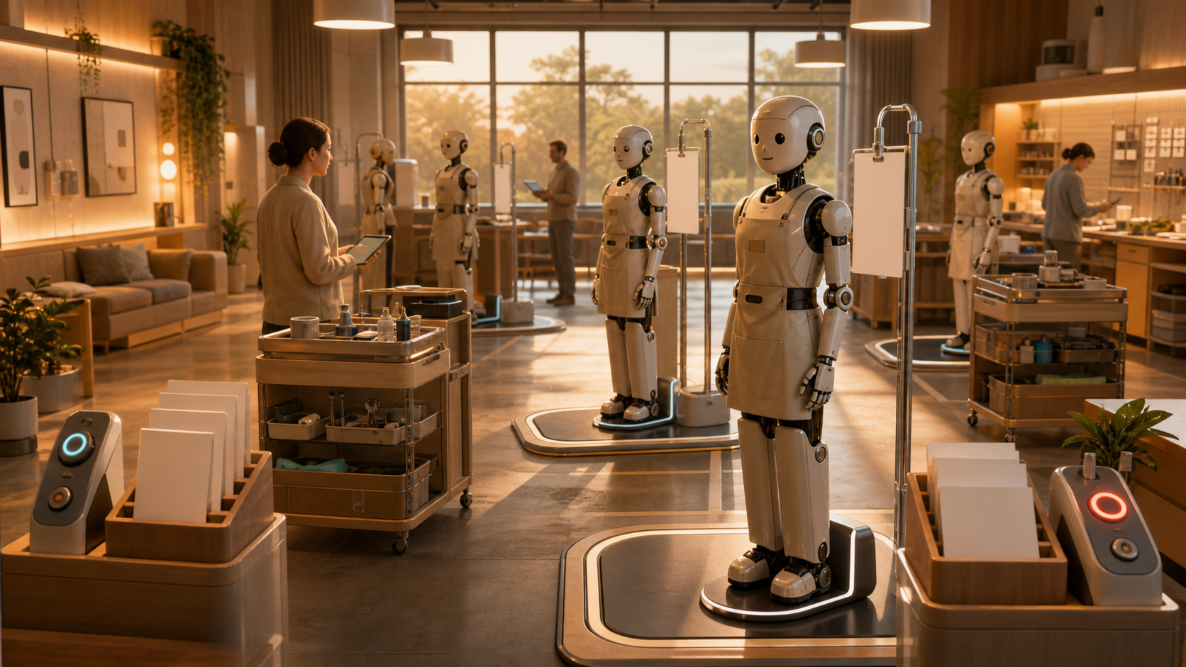 A warm robotics lab with android helpers at shift-change stations, blank duty cards, and supervisor desks.