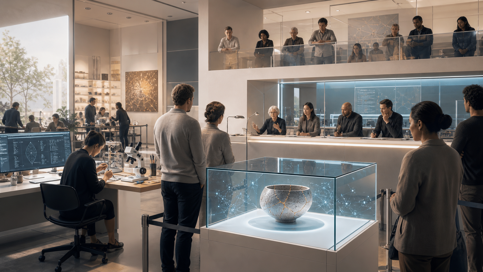 A civic fabrication review room with a disputed output sample under glass and an appeal counter.