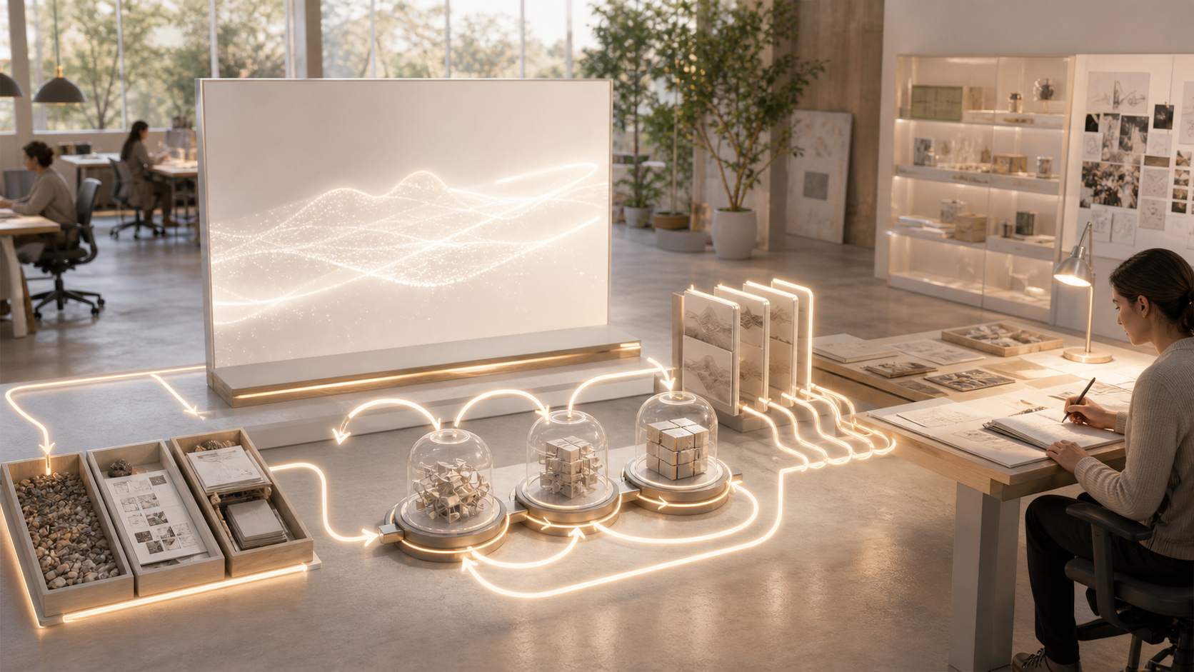 A bright assistant workspace with visible correction loops, source trays, version receipts, and review desks.