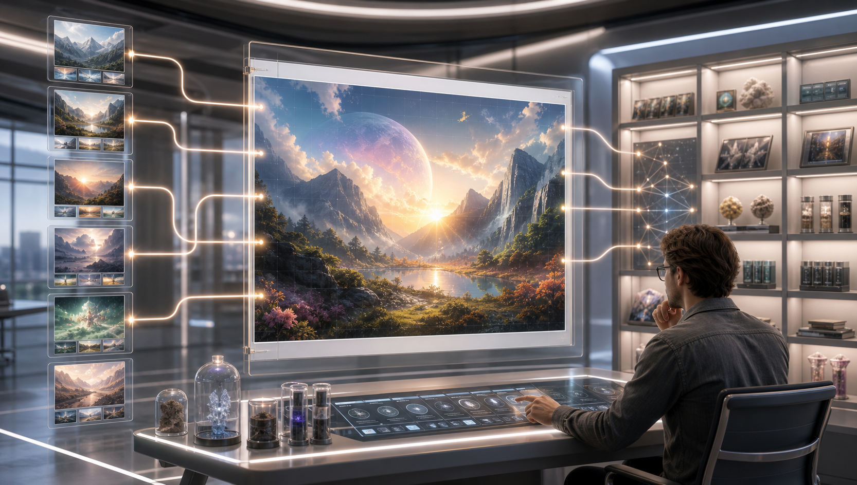 A bright assistant workspace with a generated image, source trail lights, evidence shelves, and review controls.