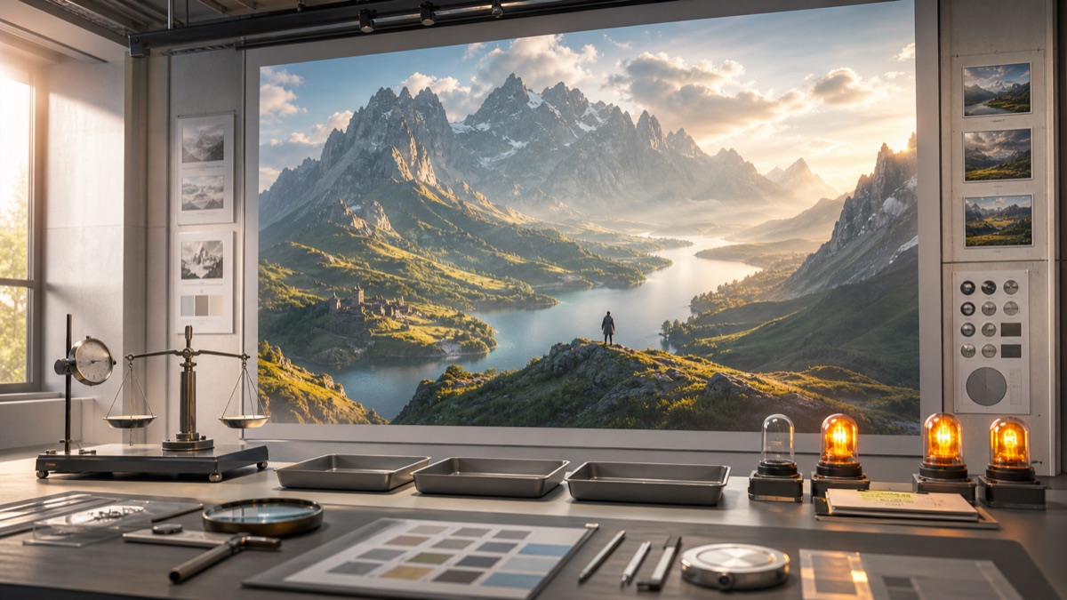 A generated image canvas sits beside blank caveat panels and source lights in a bright assistant workspace.