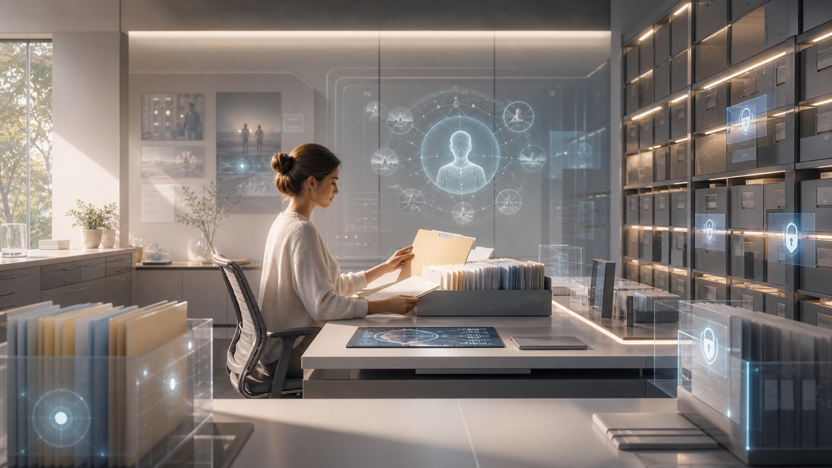 A member memory archive with consent folders, audit trails, personal data vaults, and review desk.