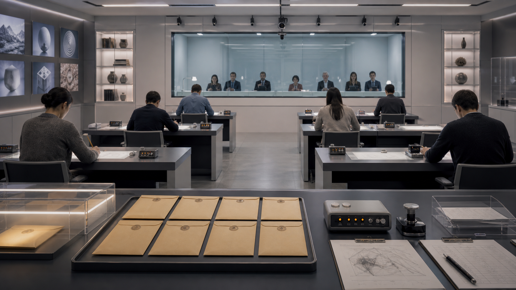 A classroom-lab with sealed target envelopes, blind scoring stations, and observation glass.
