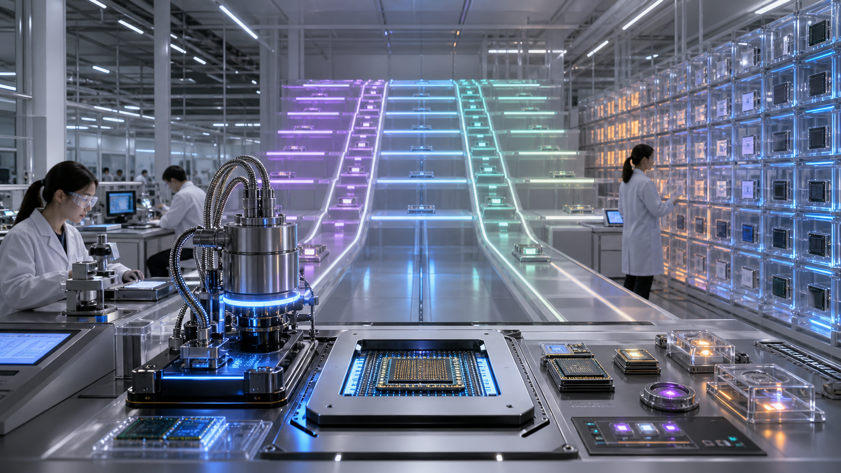A semiconductor evaluation lab with cryogenic fixtures, benchmark rails, and a failure library.