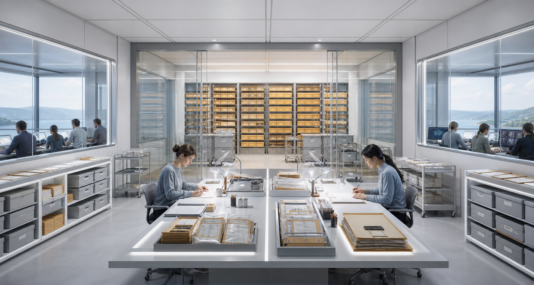 A bright classroom lab with sealed target packets, null-result shelves, scoring desks, and observation windows.
