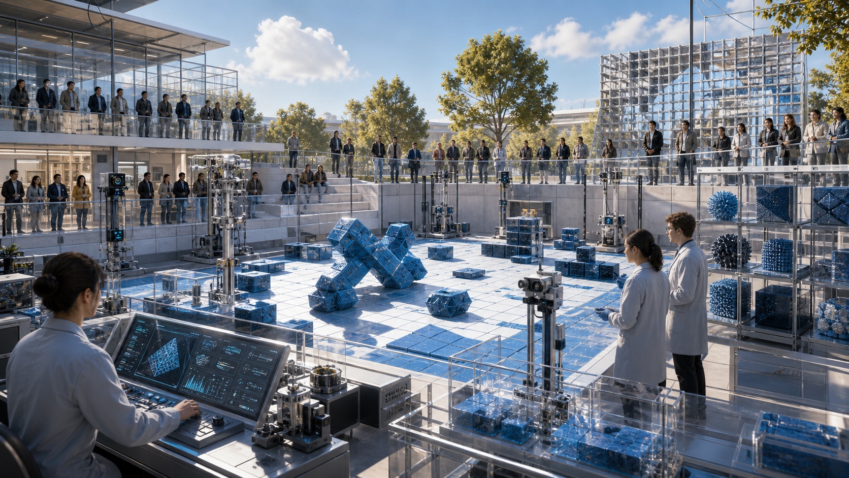 Blue Gue and the Public Test Yard editorial art showing a public test yard for Blue Gue and programmable matter demonstrations