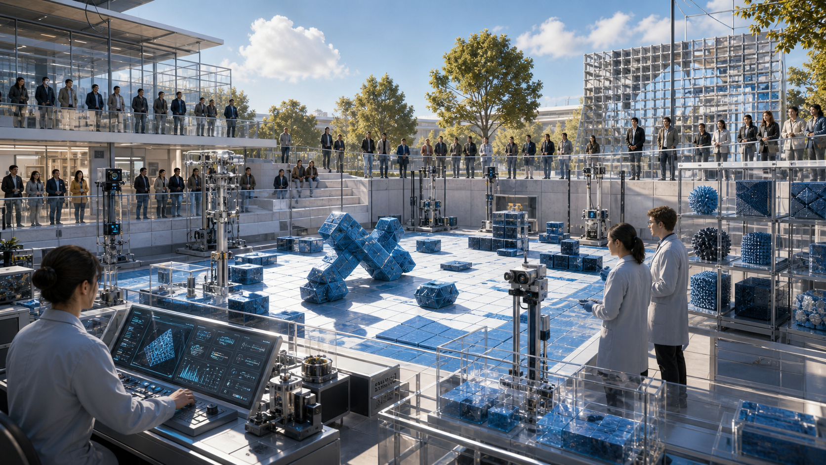 Blue Gue and the Public Test Yard editorial art showing a public test yard for Blue Gue and programmable matter demonstrations
