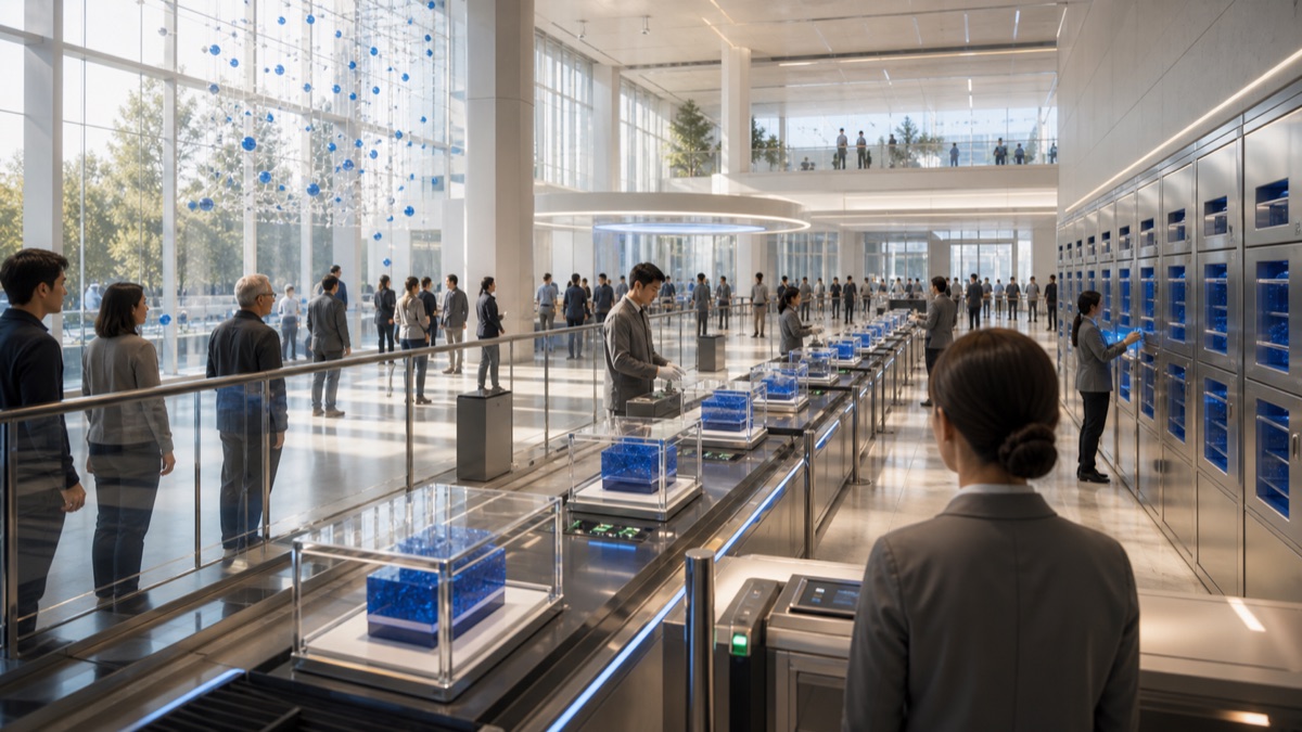 A bright public science event with sealed blue material cases moving through inspection stations, return lockers, and observer lanes.