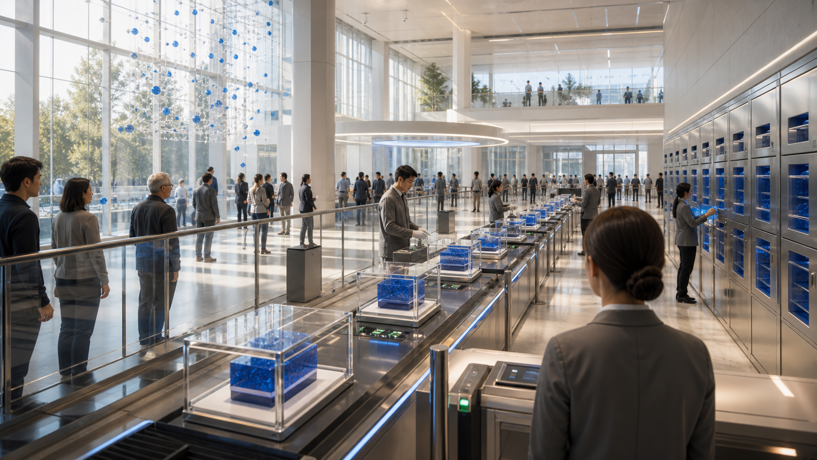 A bright public science event with sealed blue material cases moving through inspection stations, return lockers, and observer lanes.