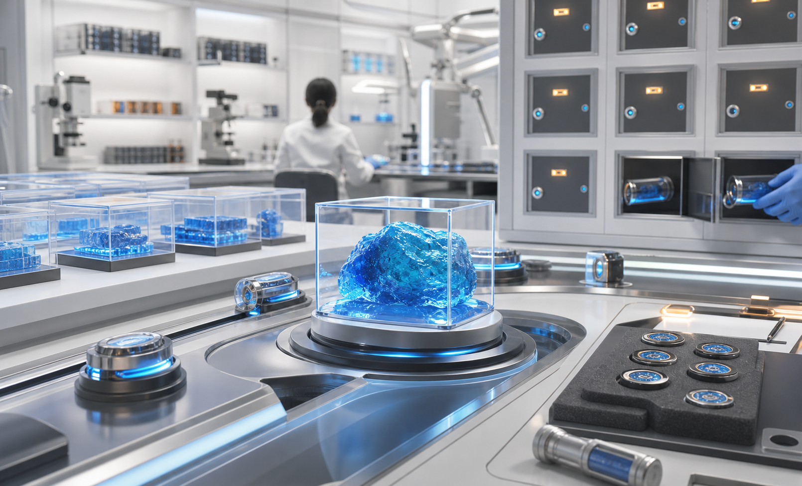 A bright materials lab with blue programmable-material samples, clear cases, custody tokens, and return lockers.