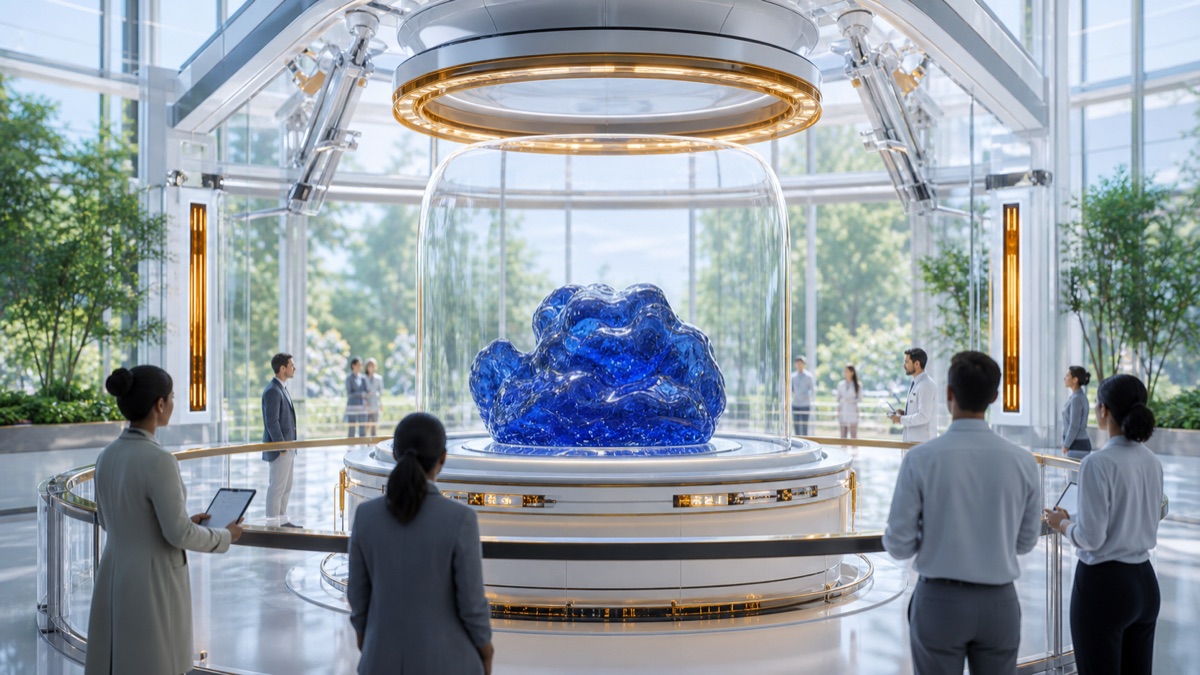 A bright public methods room with a sealed Blue Gue sample under glass and witness rails.