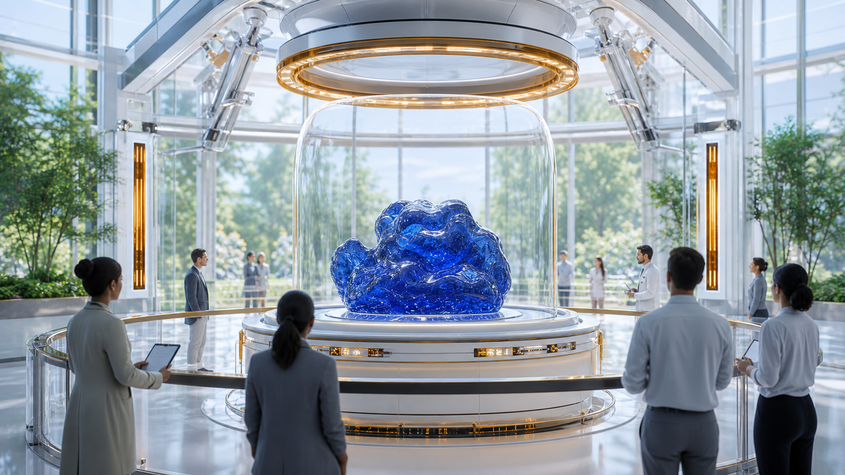 A bright public methods room with a sealed Blue Gue sample under glass and witness rails.